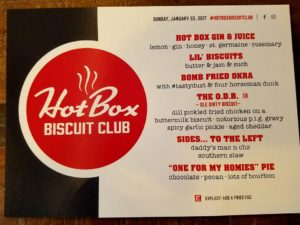 A menu for the hot box biscuit club.