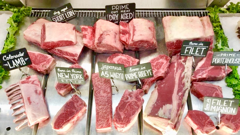 A display of different types of meat on paper.