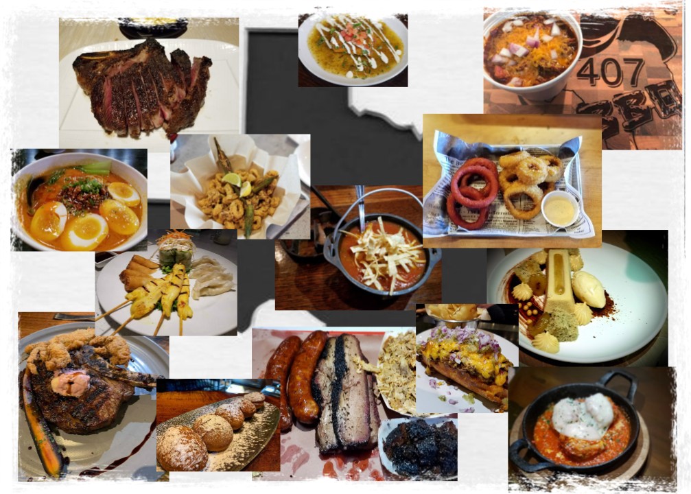 A collage of different foods on plates.