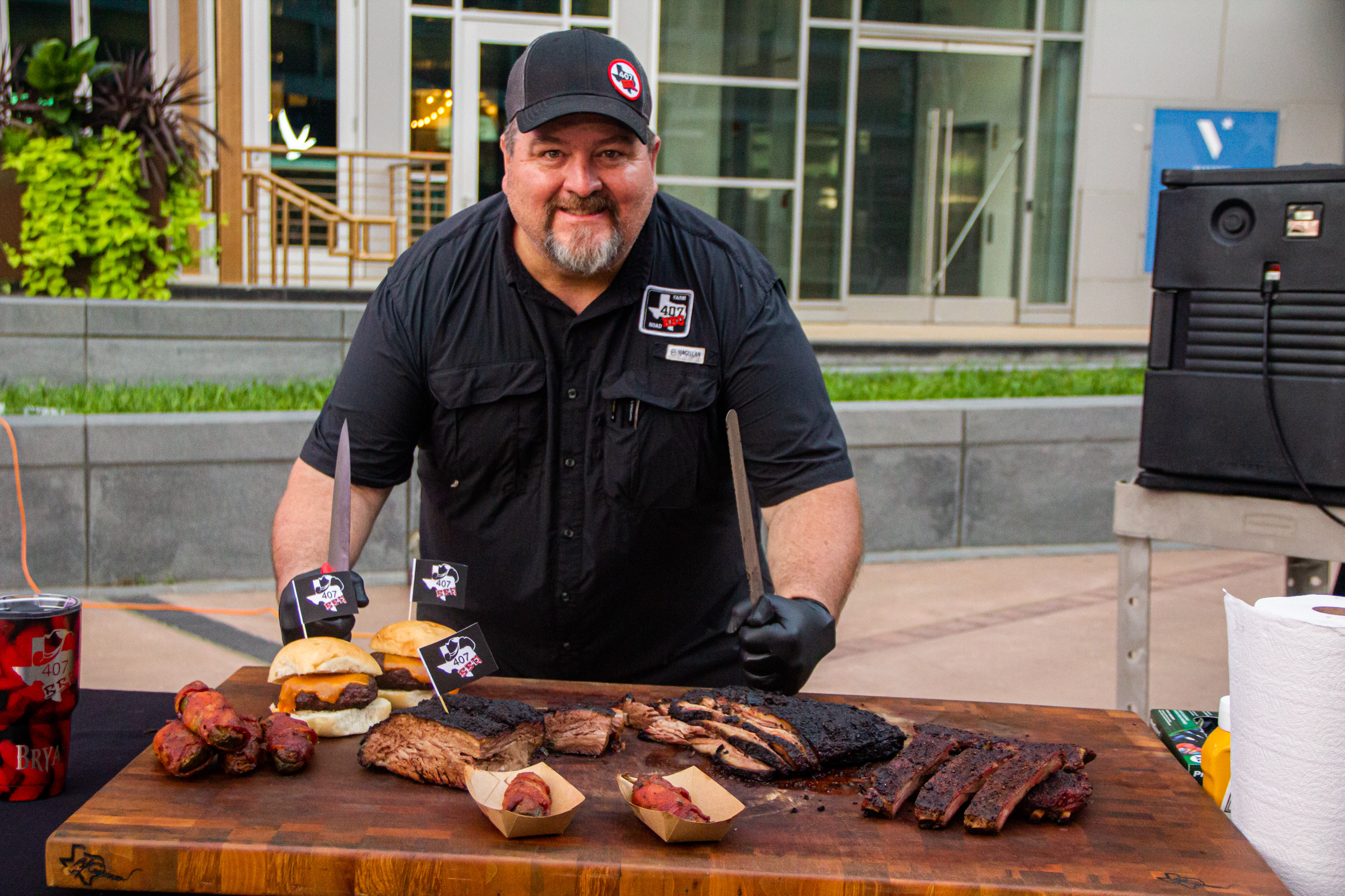 A sign for barbecued meats is displayed.