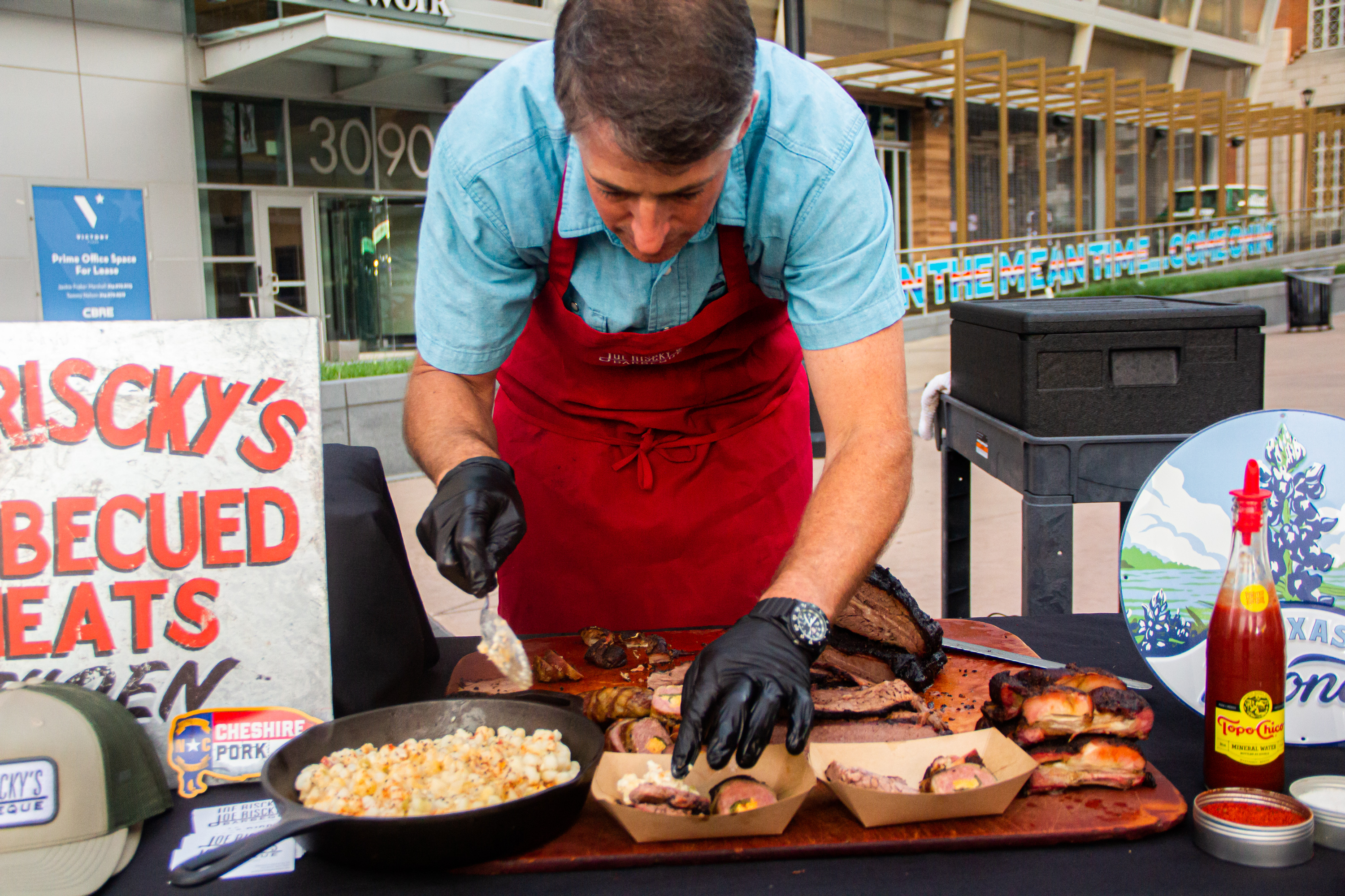 A sign for barbecued meats is displayed.