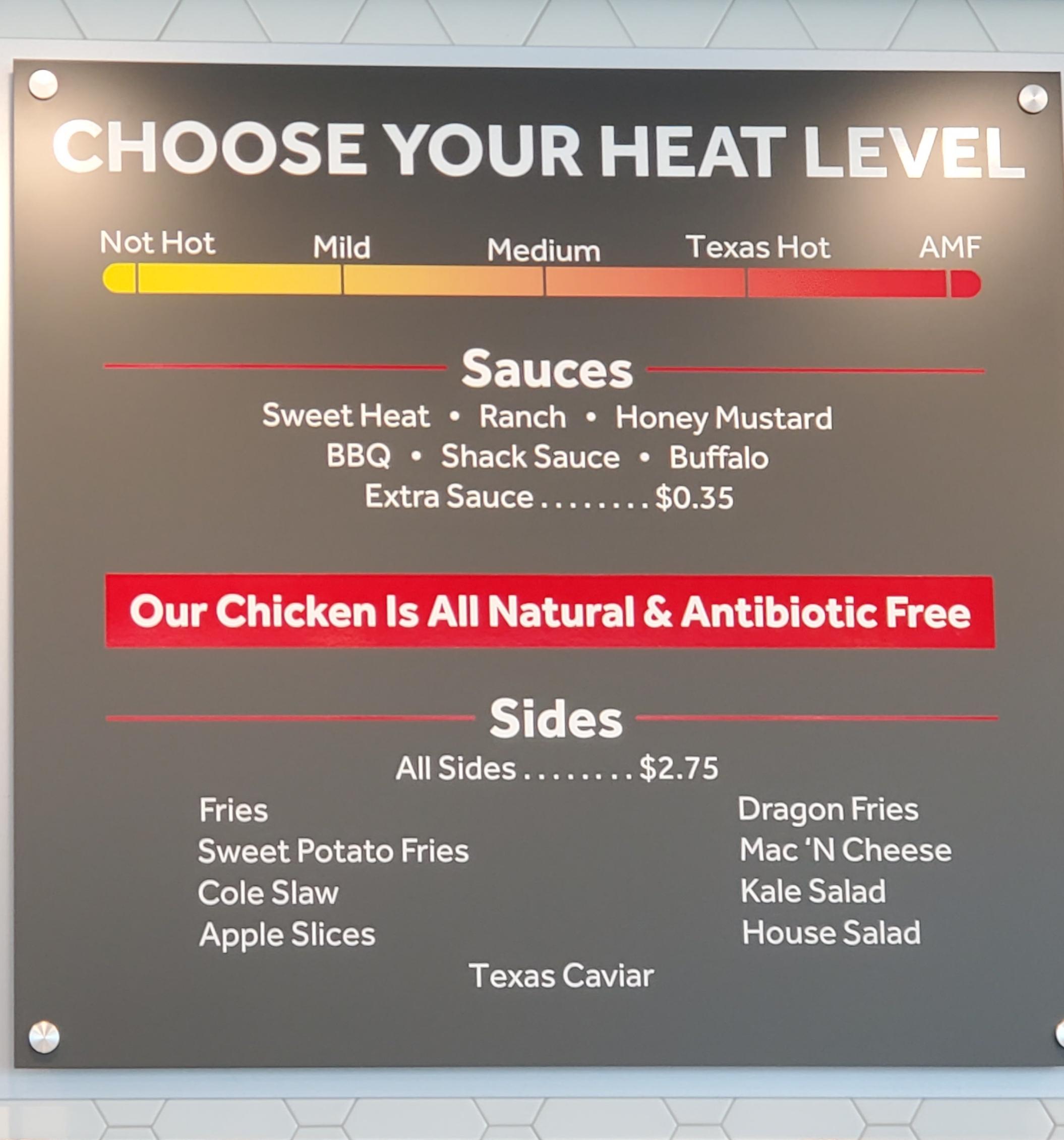 A menu board with different types of sauces.