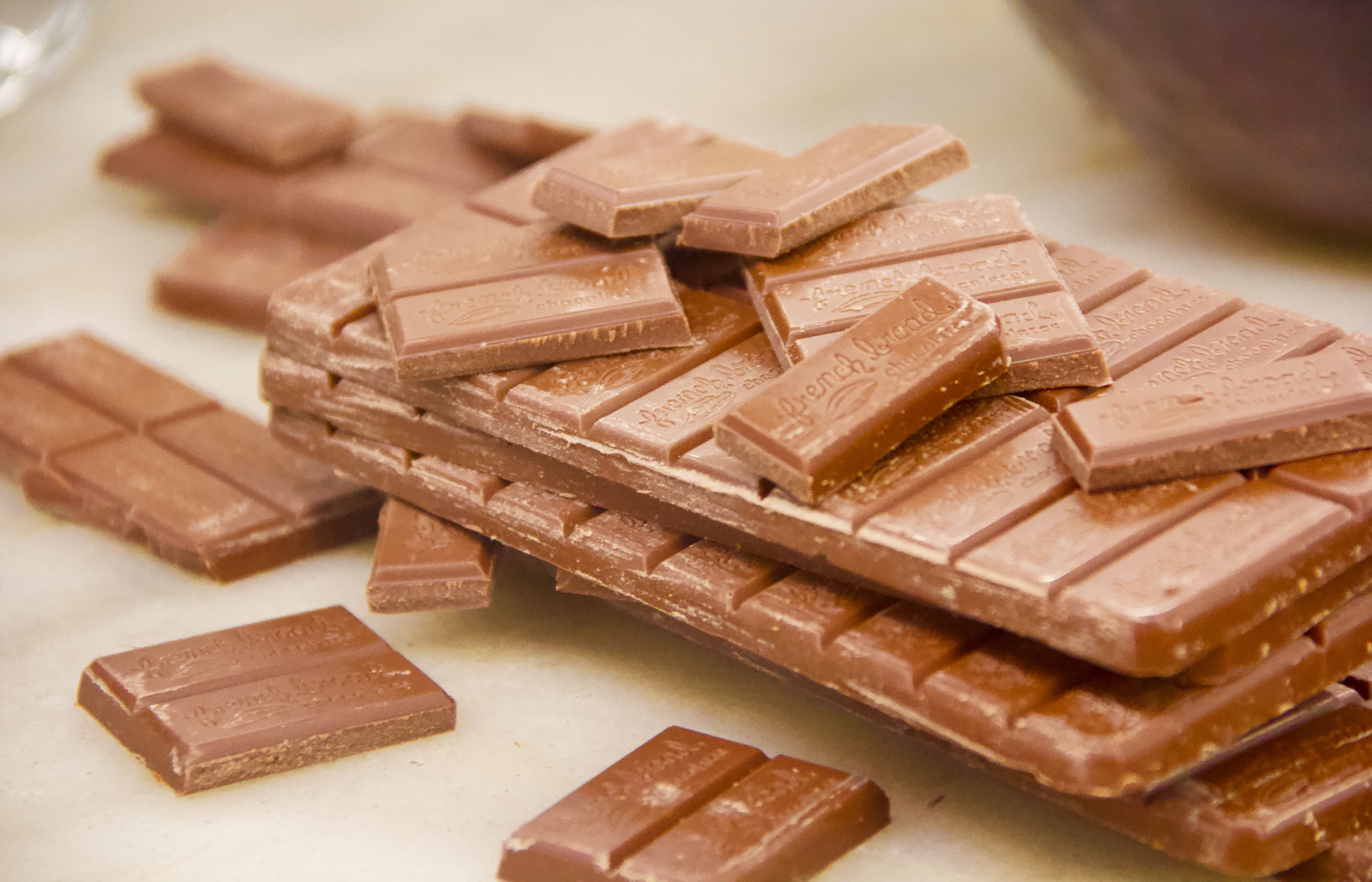 A close up of chocolate bars on top of each other