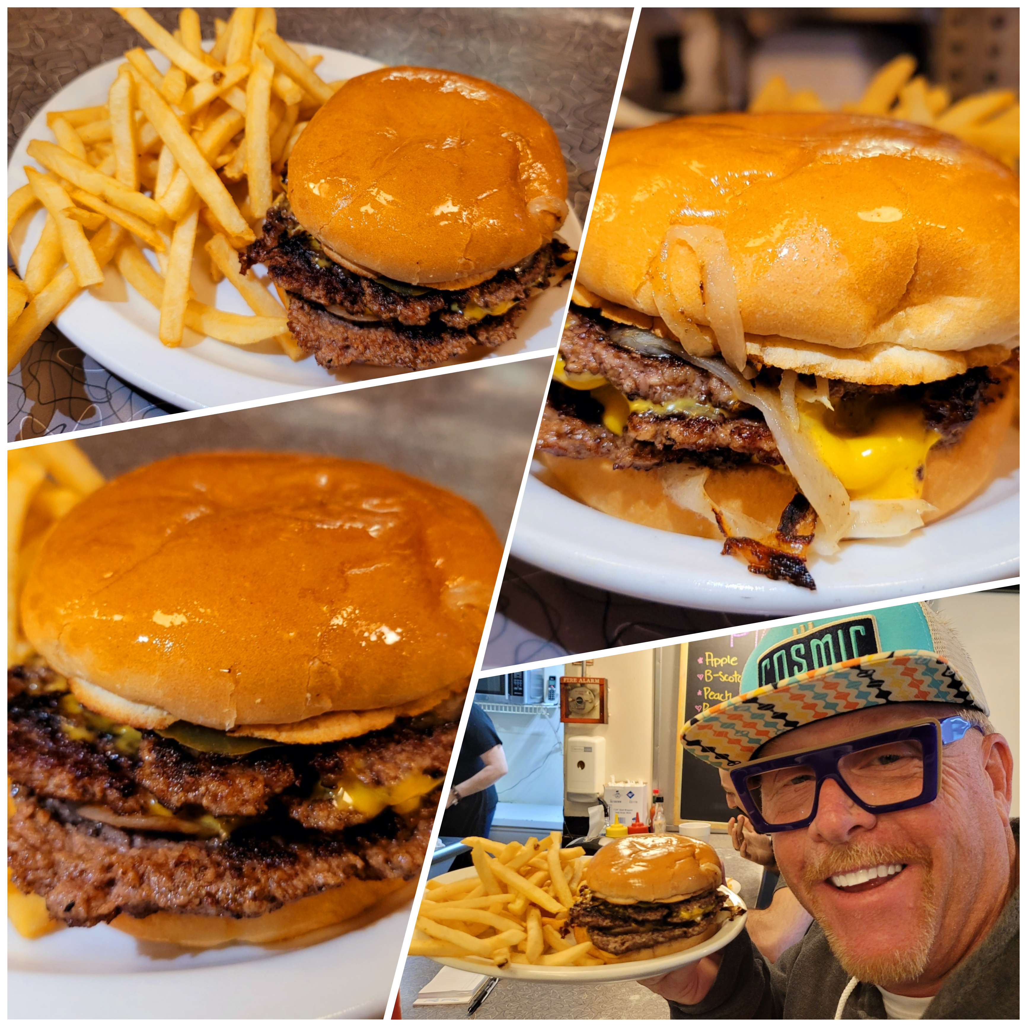 A collage of photos with a hamburger and fries.