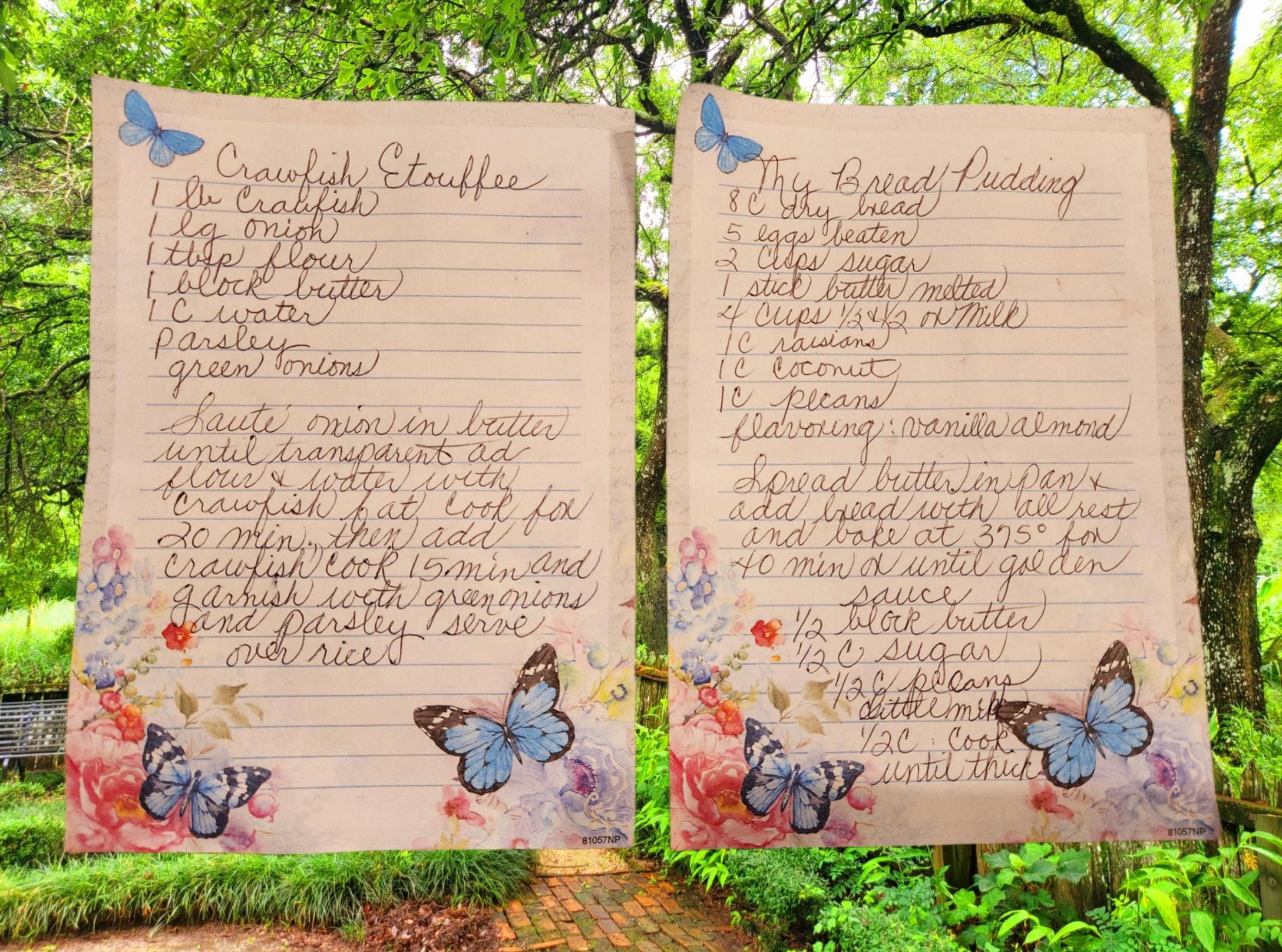 Two pages of a recipe with butterflies on them.