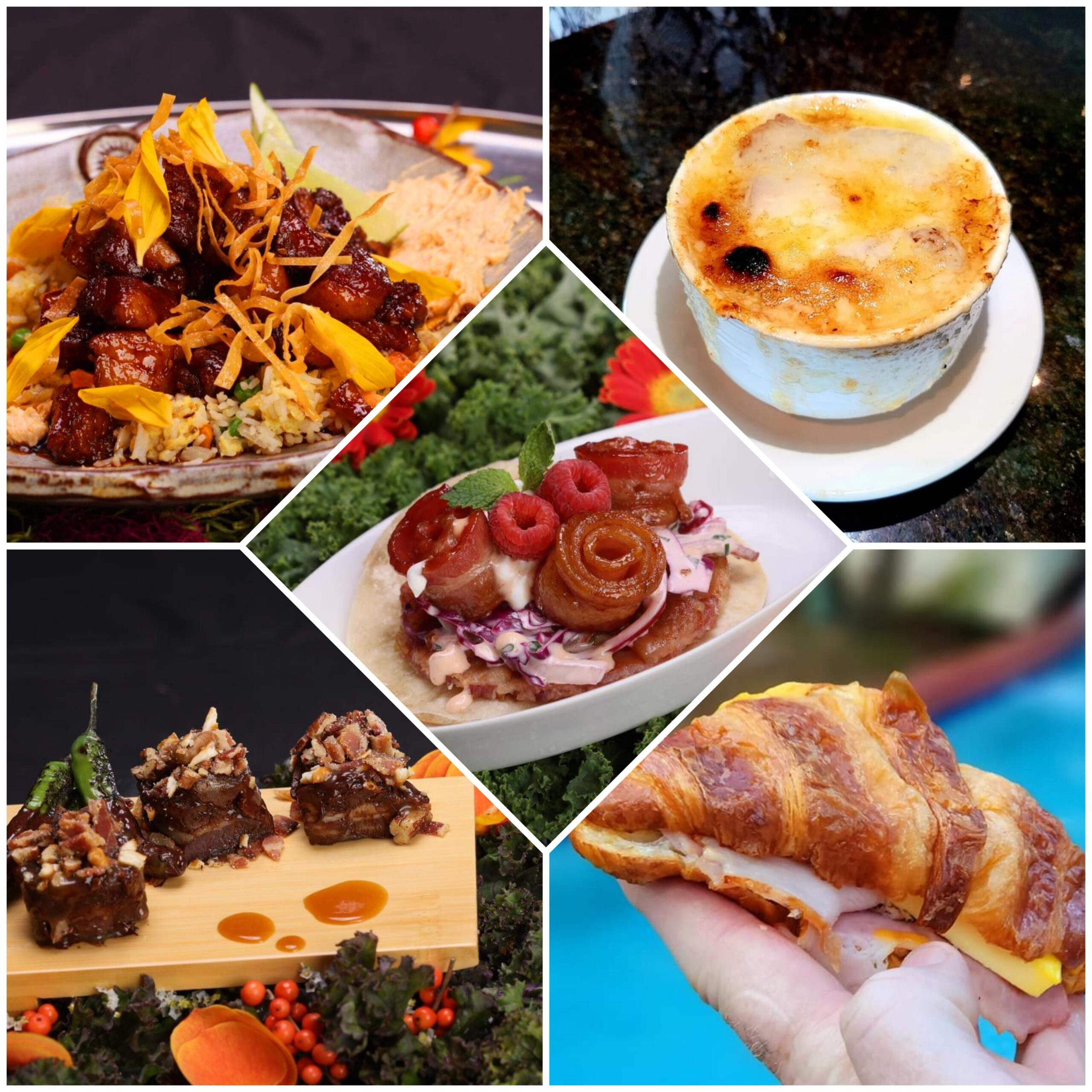 A collage of different foods including dessert and coffee.