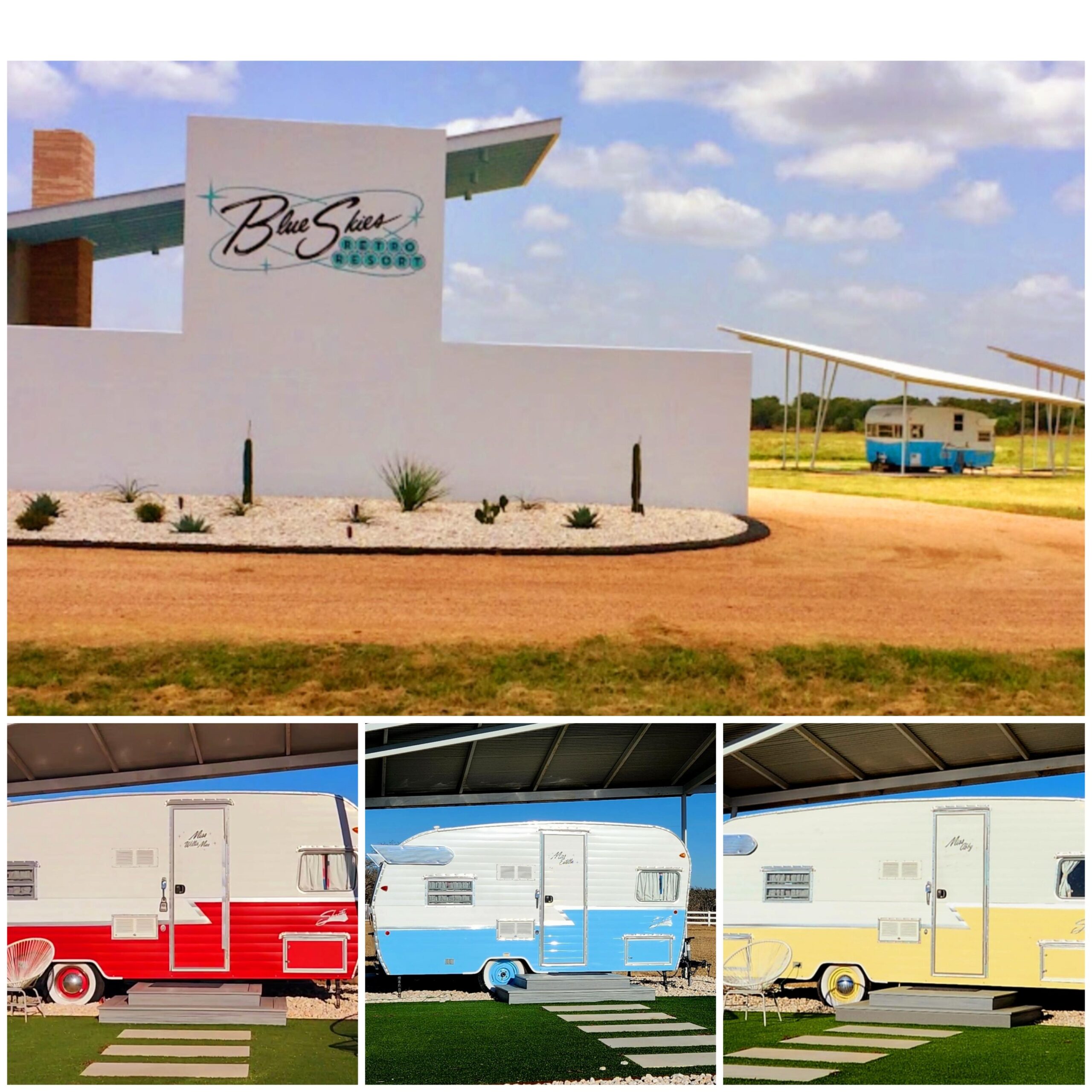 A collage of different colored trailers parked in front of a building.