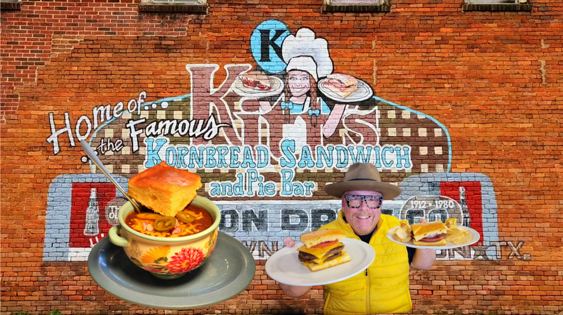 A man holding a plate of food in front of a sign.