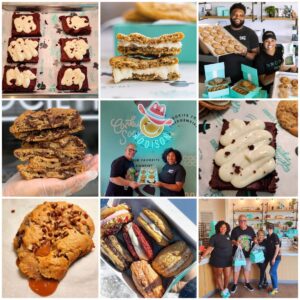 A collage of different food items and people.