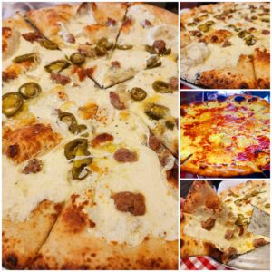 A pizza with different toppings on it.