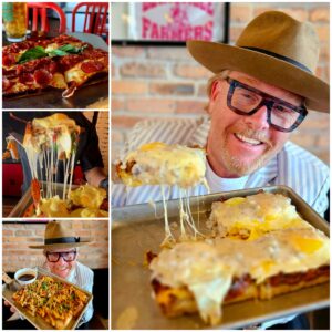 A man in glasses and hat eating pizza.