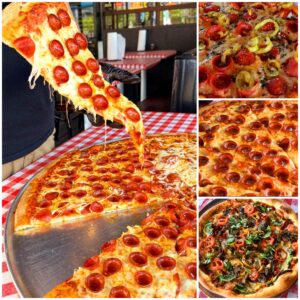 A collage of different pictures with pizza on the table.