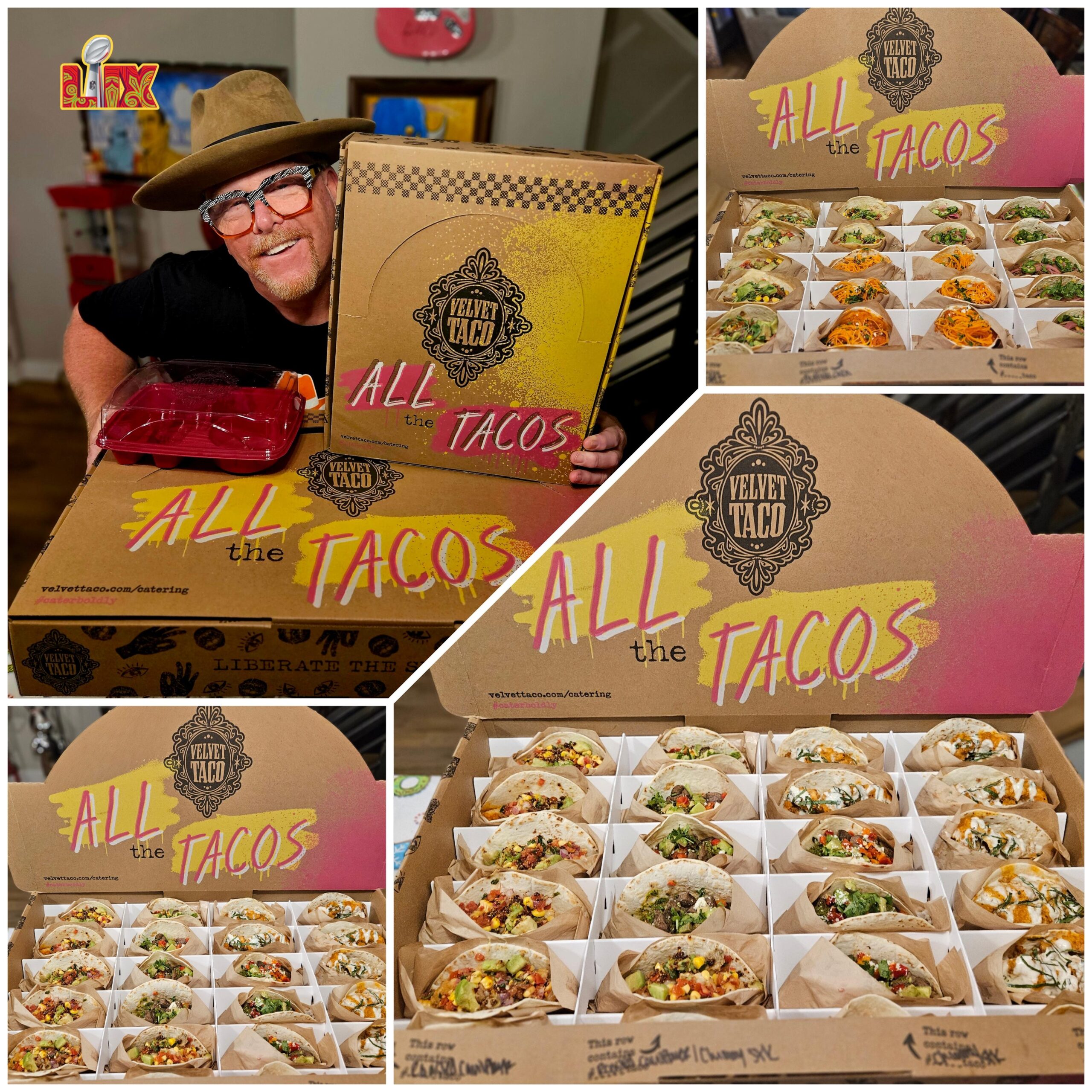 A collage of photos with boxes of tacos.