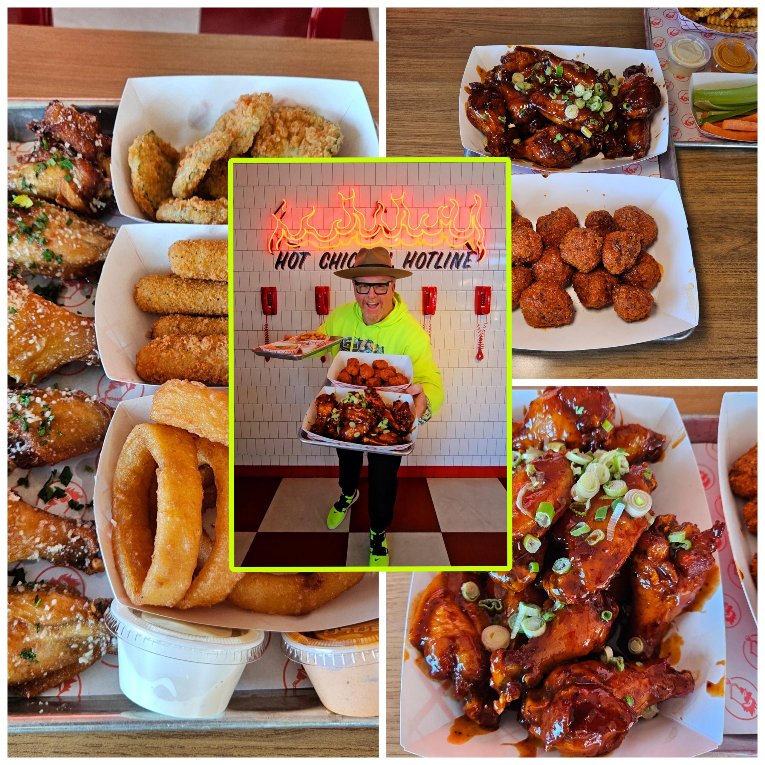 A table with various signs and food on it.