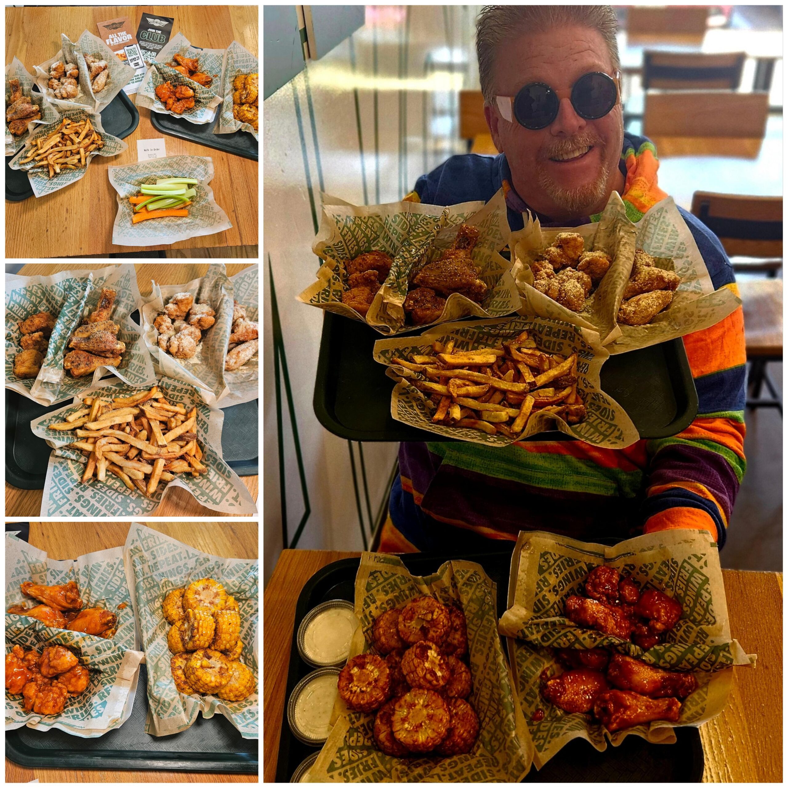 A table with various signs and food on it.