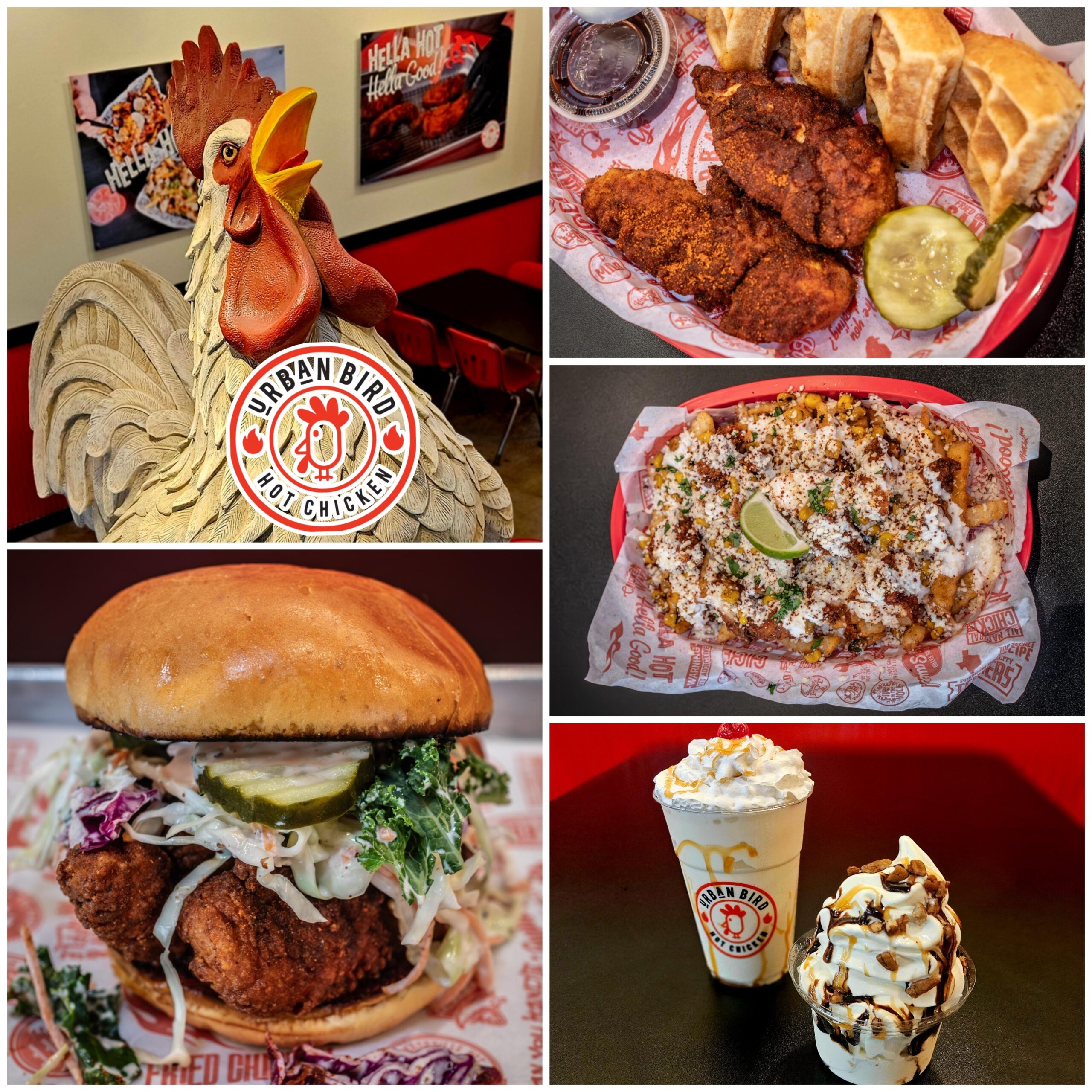 A collage of photos with chicken, pizza and other food.
