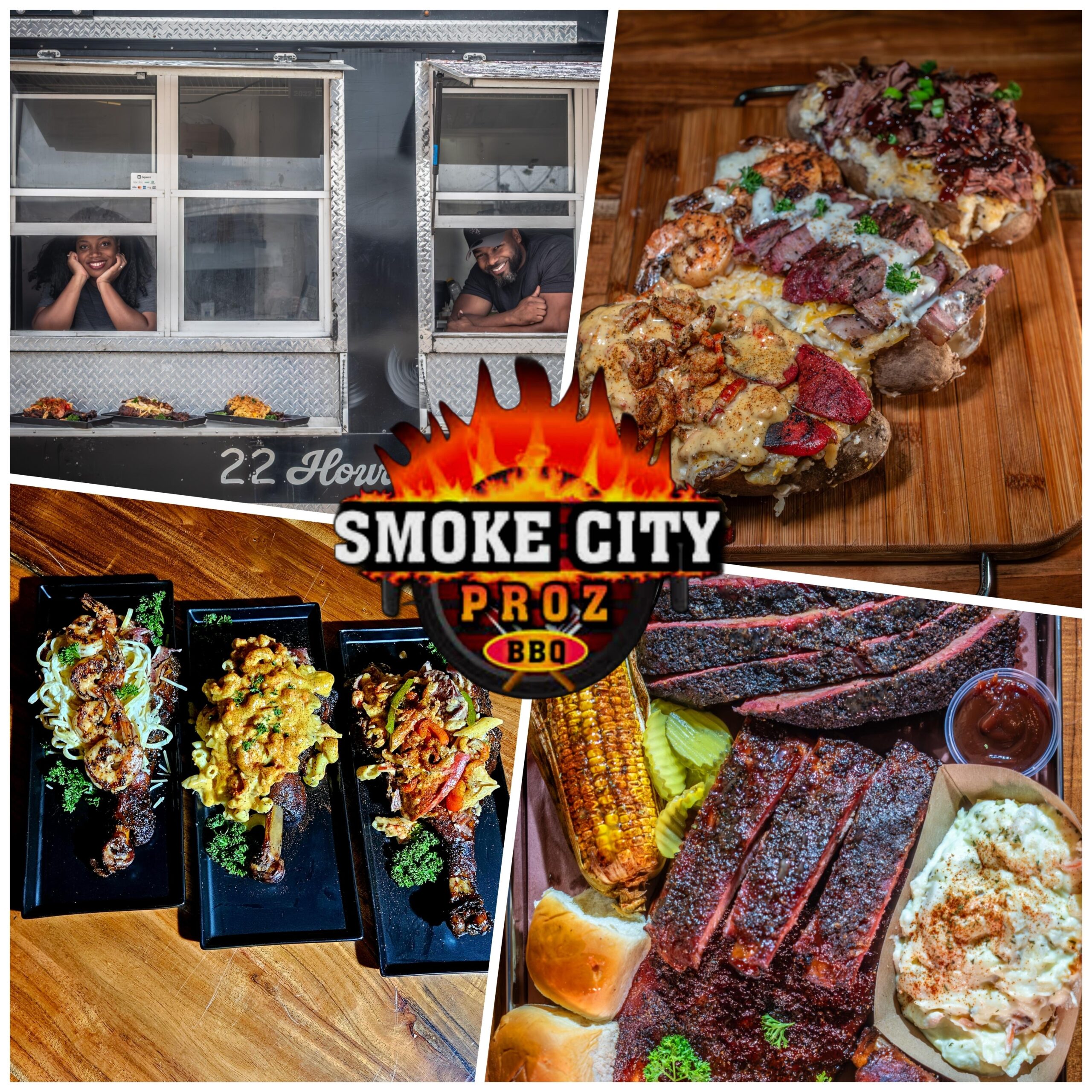 A collage of photos with smoke city bbq